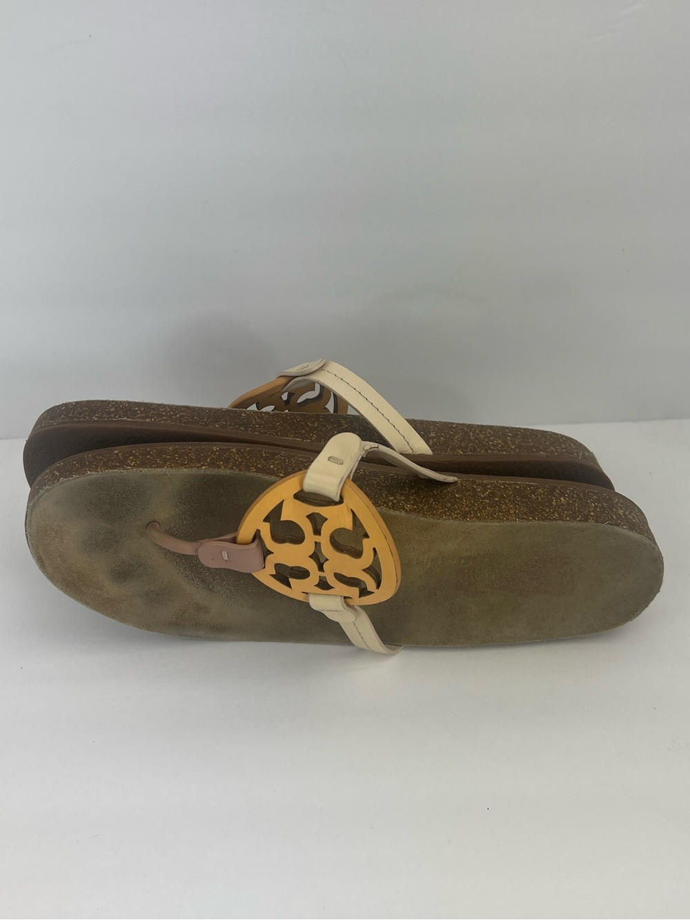 TORY BURCH MILLER CLOUD SANDALS CREAM/CARAMEL COLORS, LEATHER TOP, MILTI CORK 11 - Picture 12 of 17